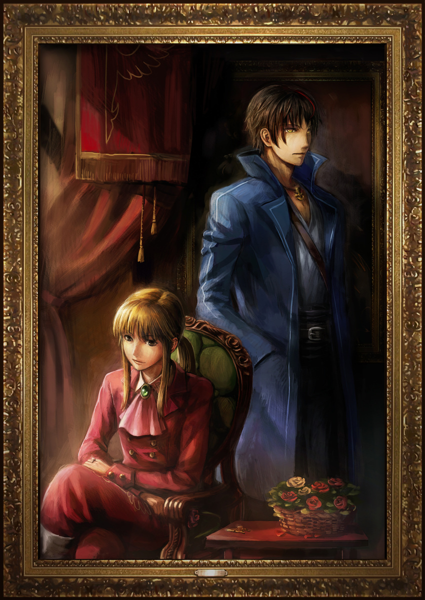 anchor androgynous belt blonde_hair brown_eyes cravat crossed_legs curtains ekusa_takahito flower frame hands_in_pockets highres jewelry long_hair looking_at_viewer multicolored_hair multiple_boys necklace official_art painting_(object) portrait portrait_(object) requiem_of_the_golden_witch ring rose sitting smile streaked_hair throne two-tone_hair umineko_no_naku_koro_ni ushiromiya_lion willard_h_wright yellow_eyes