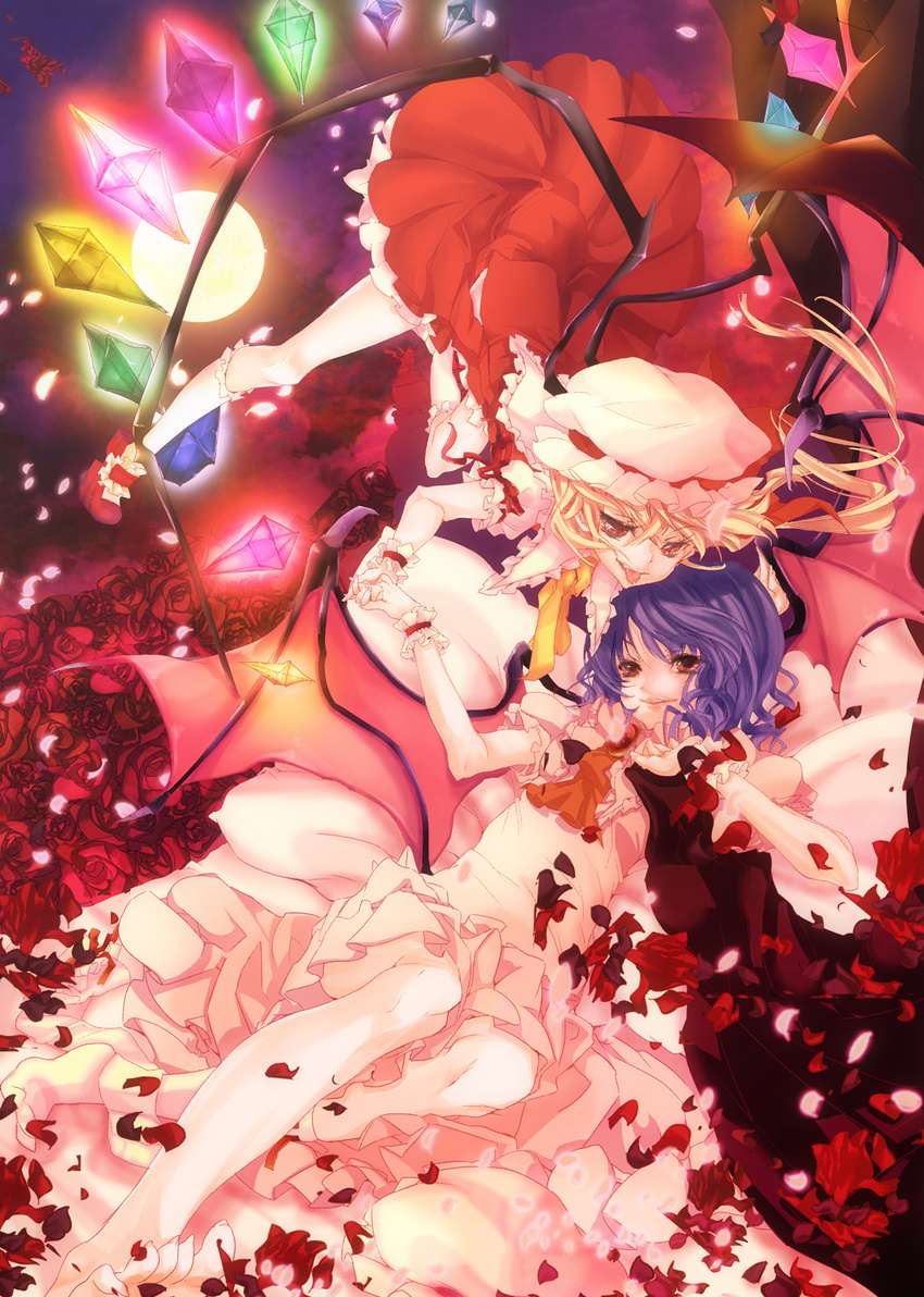 barefoot bed beret blonde_hair blue_eyes dress flandre_scarlet flower hat highres lying moon multiple_girls petals red_eyes remilia_scarlet rose short_hair siblings sisters smile tongue touhou tsucaco wings wrist_cuffs