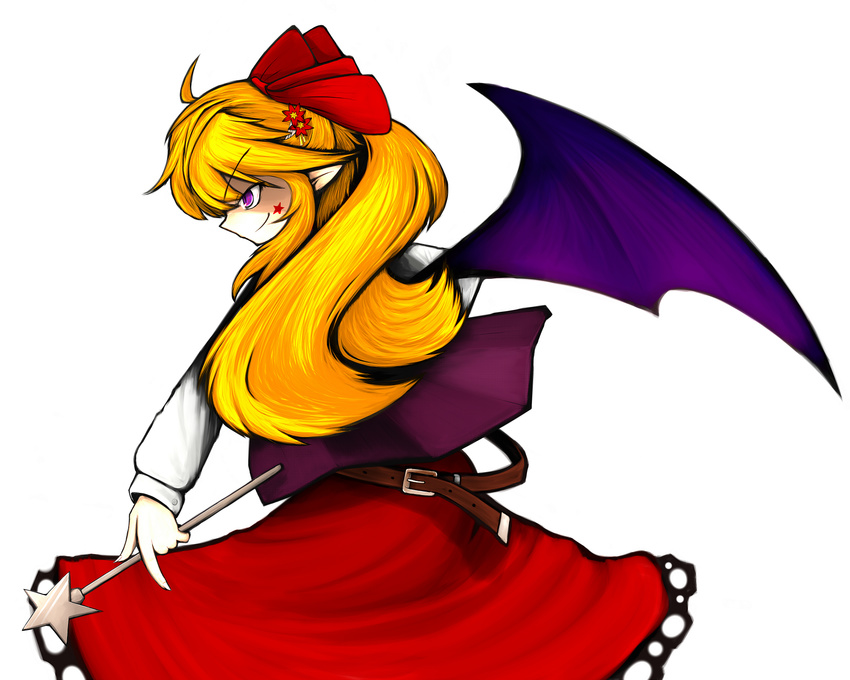 bat_wings belt blonde_hair bow elis_(touhou) hair_bow highres long_hair pointy_ears profile purple_eyes smile solo touhou touhou_(pc-98) viki00 wand wings