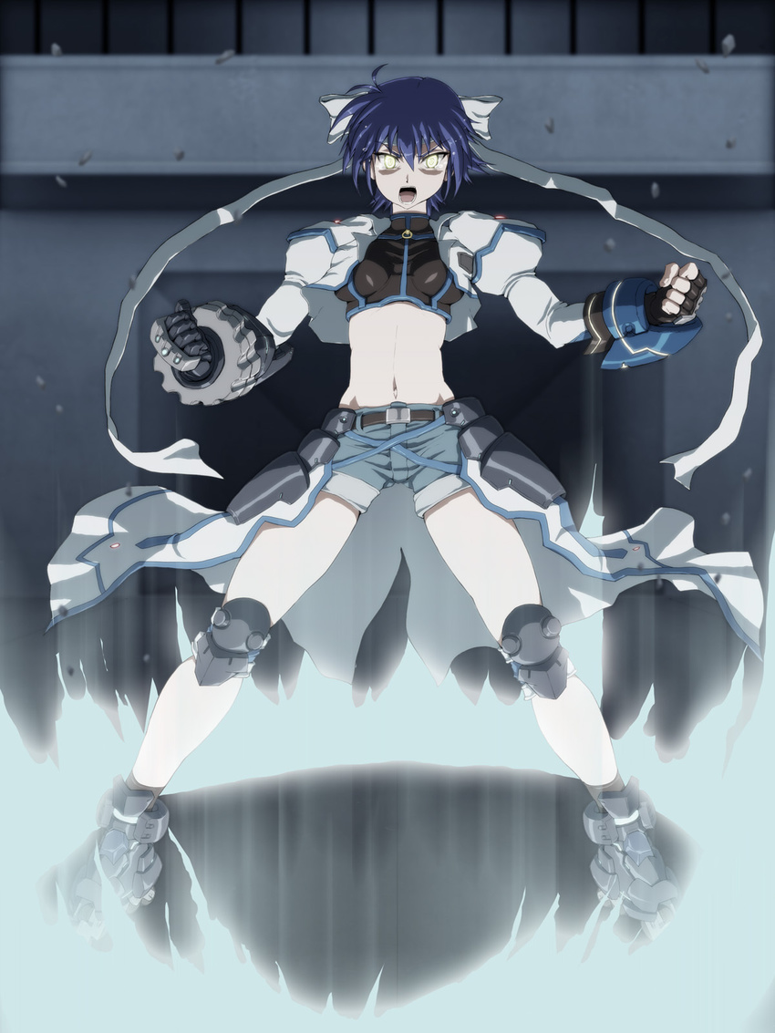 aura blue_hair cyborg headband highres inline_skates lyrical_nanoha mach_caliber mahou_shoujo_lyrical_nanoha_strikers nandz revolver_knuckle roller_skates skates solo subaru_nakajima yellow_eyes