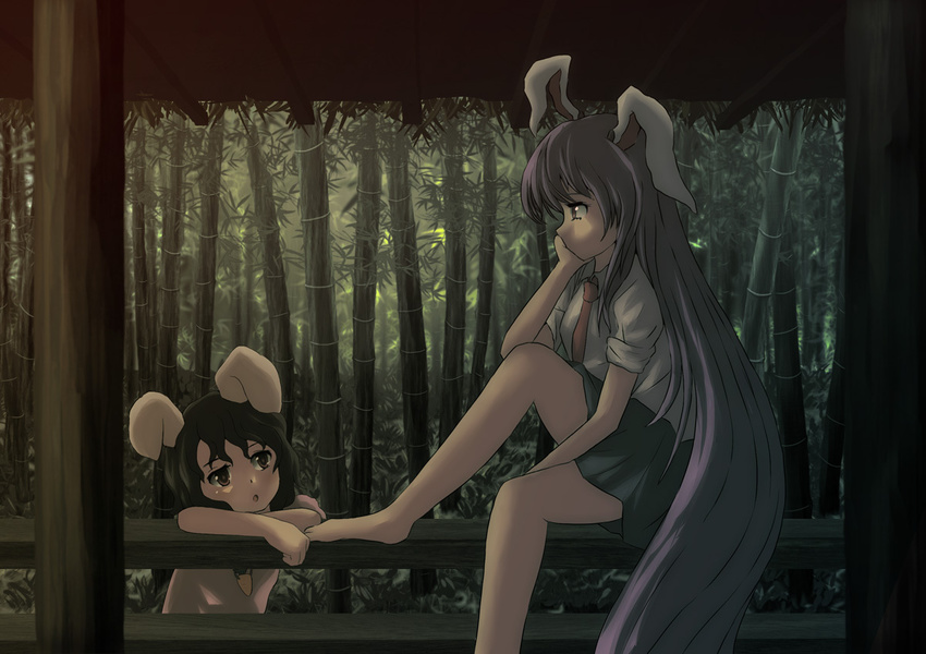 animal_ears bamboo bamboo_forest black_hair bored bunny_ears dark forest hand_on_own_cheek hand_on_own_face inaba_tewi knj leaning long_hair multiple_girls nature necktie purple_hair railing reisen_udongein_inaba short_hair touhou very_long_hair