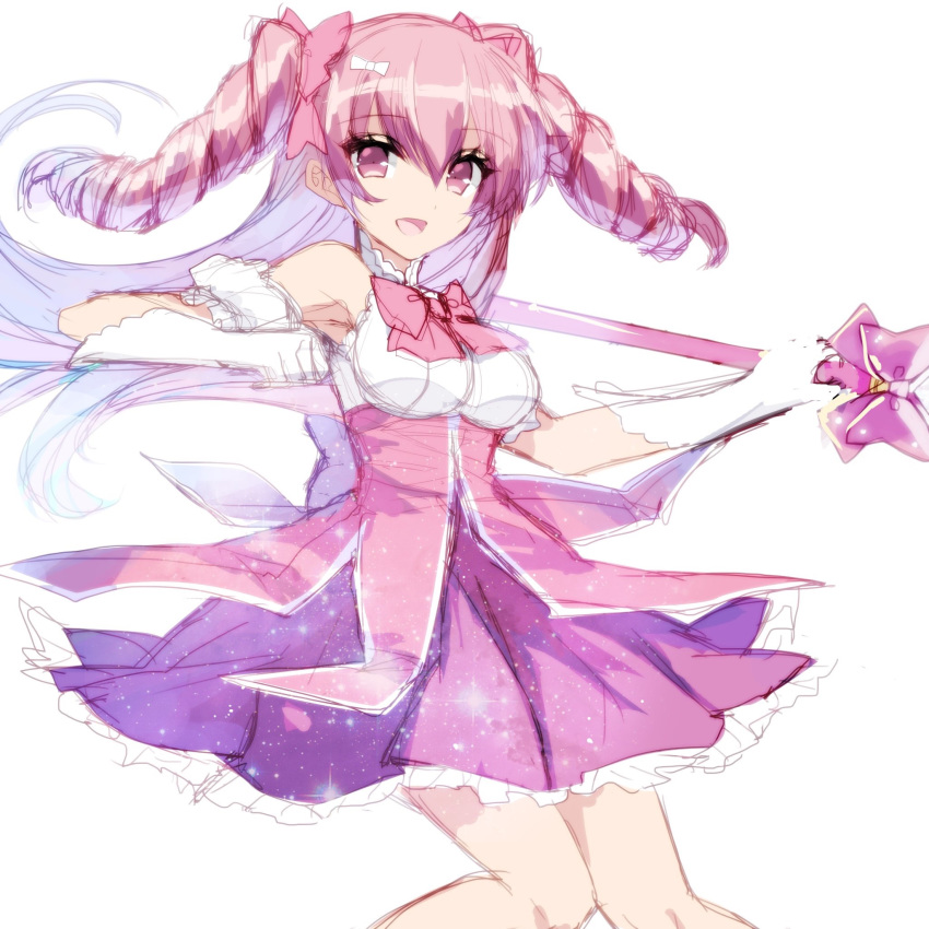 armpits bad_id bad_pixiv_id bangs bare_shoulders bow breasts commentary detached_sleeves double_exposure dress eyebrows_visible_through_hair feet_out_of_frame frilled_dress frills gloves hair_between_eyes hair_bow highres layered_dress long_hair looking_at_viewer magical_girl medium_breasts misteor multicolored multicolored_clothes multicolored_dress nebula open_mouth original pink pink_bow pink_dress pink_eyes pink_hair pink_neckwear puffy_short_sleeves puffy_sleeves purple_dress short_sleeves simple_background sketch smile solo symbol_commentary very_long_hair white_background white_bow white_gloves white_sleeves