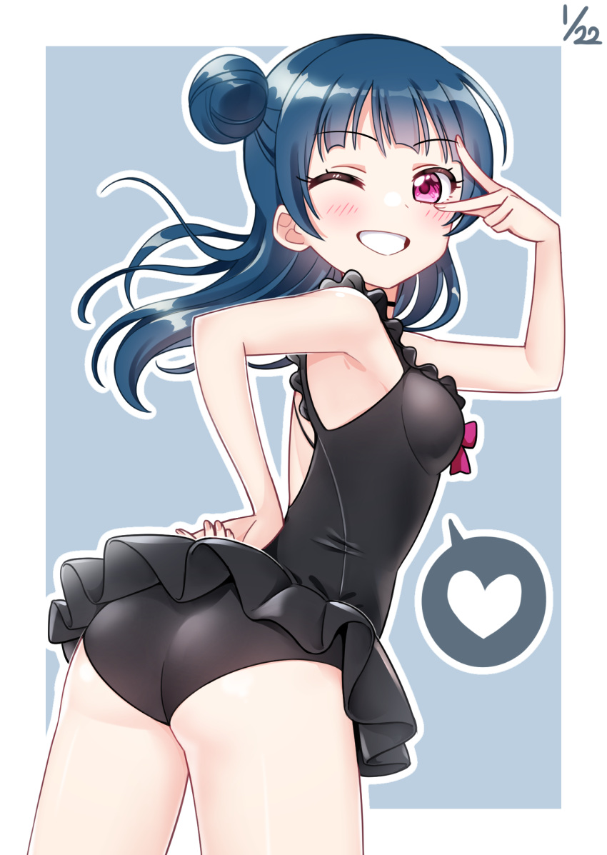 1girl ass bangs black_swimsuit blue_background blue_hair dated deadnooodles frilled_swimsuit frills grin hand_on_hip heart highres long_hair looking_at_viewer looking_back love_live! love_live!_sunshine!! one-piece_swimsuit one_eye_closed outline purple_eyes side_bun simple_background smile solo spoken_heart swimsuit tsushima_yoshiko w_over_eye white_outline