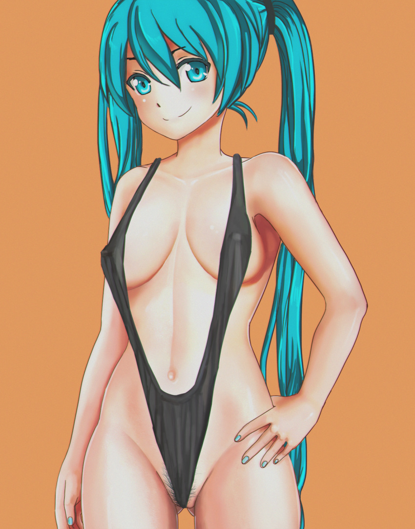 armad bad_id bad_pixiv_id black_swimsuit blue_eyes blue_hair blush breasts breasts_apart collarbone colored_pubic_hair covered_nipples cowboy_shot hair_tie hand_on_hip hatsune_miku highres long_hair looking_at_viewer medium_breasts nail_polish navel one-piece_swimsuit orange_background partially_visible_vulva pubic_hair pubic_hair_peek shiny shiny_skin simple_background slingshot_swimsuit smile solo standing swimsuit tied_hair twintails vocaloid