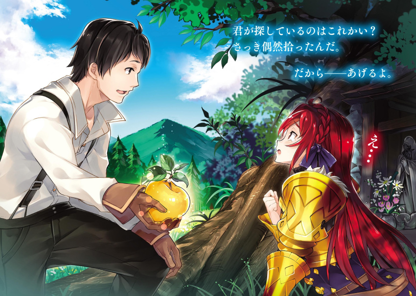 1girl armor armored_dress black_hair black_pants brown_eyes brown_gloves cloud day eye_contact food from_side fruit gloves golden_apple hair_between_eyes hair_ribbon highres holding holding_food holding_fruit long_hair looking_at_another lossy-lossless novel_illustration official_art open_mouth ossan_boukensha_kane_no_zenkou outdoors pants purple_ribbon red_hair ribbon shirt shoulder_armor spaulders super_zombie suspenders tree very_long_hair white_shirt