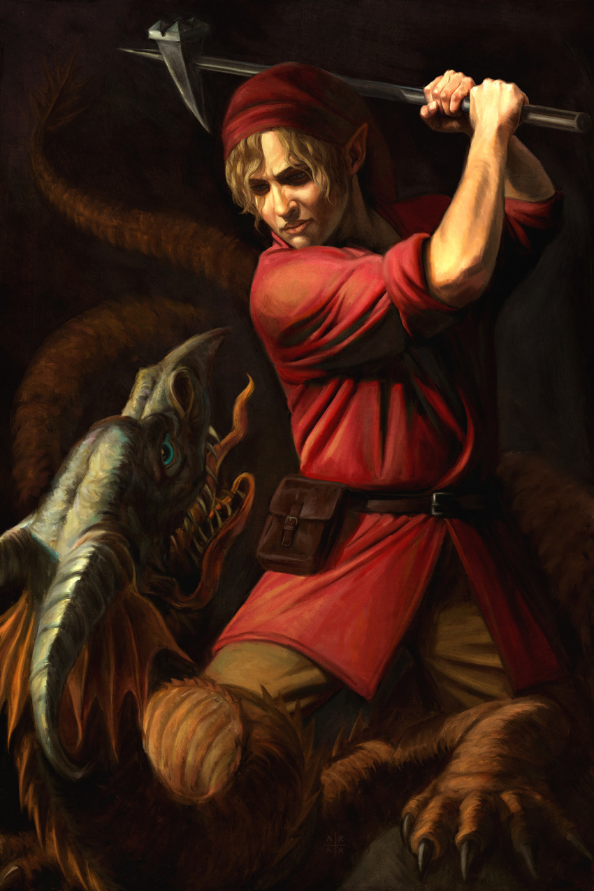 astor_alexander battle blonde_hair blue_eyes commentary dark_background dragon fangs hammer highres link pointy_ears realistic serious the_legend_of_zelda the_legend_of_zelda:_ocarina_of_time tongue volvagia weapon