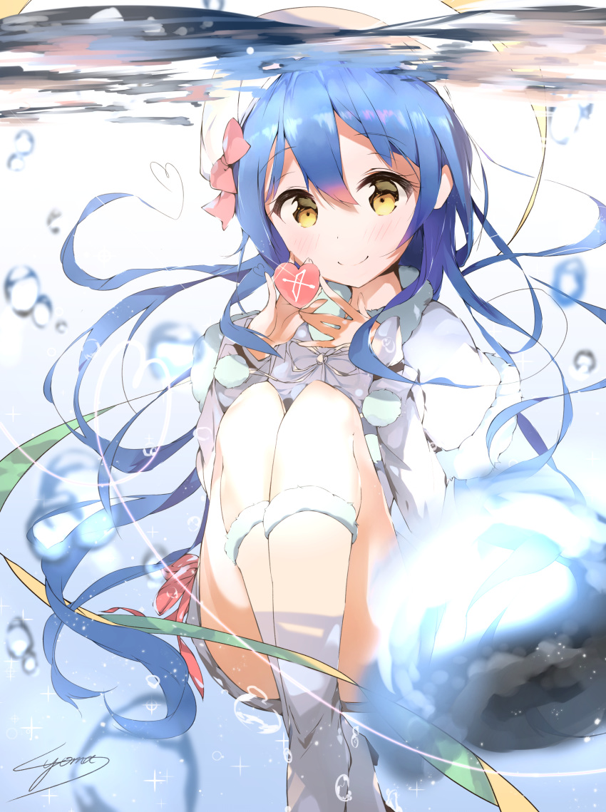 absurdres blue_hair blush commentary_request detached_sleeves eyebrows_visible_through_hair fur_trim hair_between_eyes hat heart highres long_hair looking_at_viewer love_live! love_live!_school_idol_project shouma_(1026syoma) smile snow_halation solo sonoda_umi underwater yellow_eyes