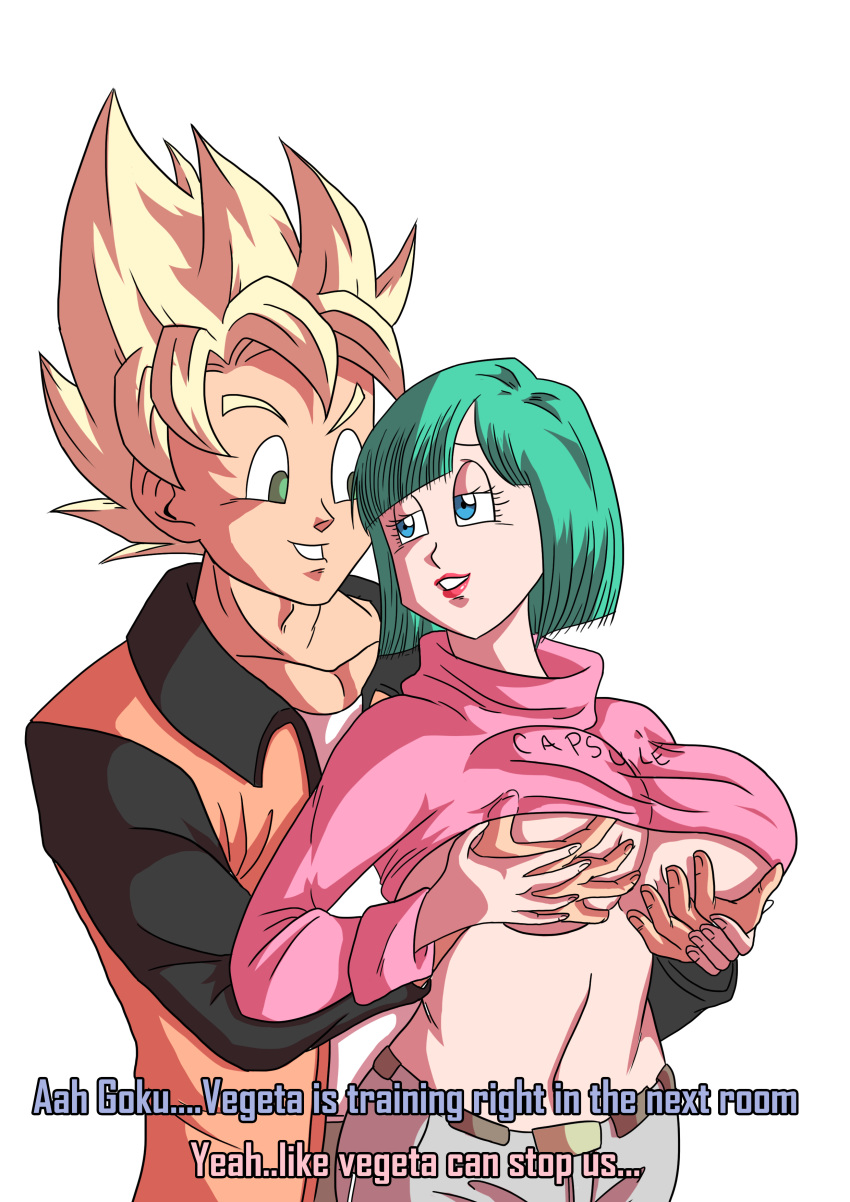 1boy 1girl breasts bulma dragonball_z funsexydragonball nipples son_gokuu text