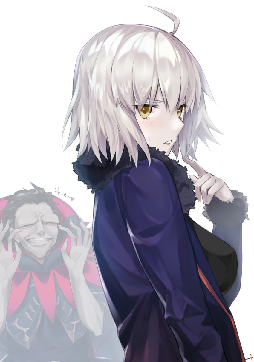 1girl ahoge black_dress black_hair blush caster_(fate/zero) commentary_request dress eyebrows_visible_through_hair fate/grand_order fate_(series) from_side fur_trim highres jeanne_d'arc_(alter)_(fate) jeanne_d'arc_(fate)_(all) pale_skin silver_hair sweatdrop utayoi_(umakatare) wicked_dragon_witch_ver._shinjuku_1999 yellow_eyes