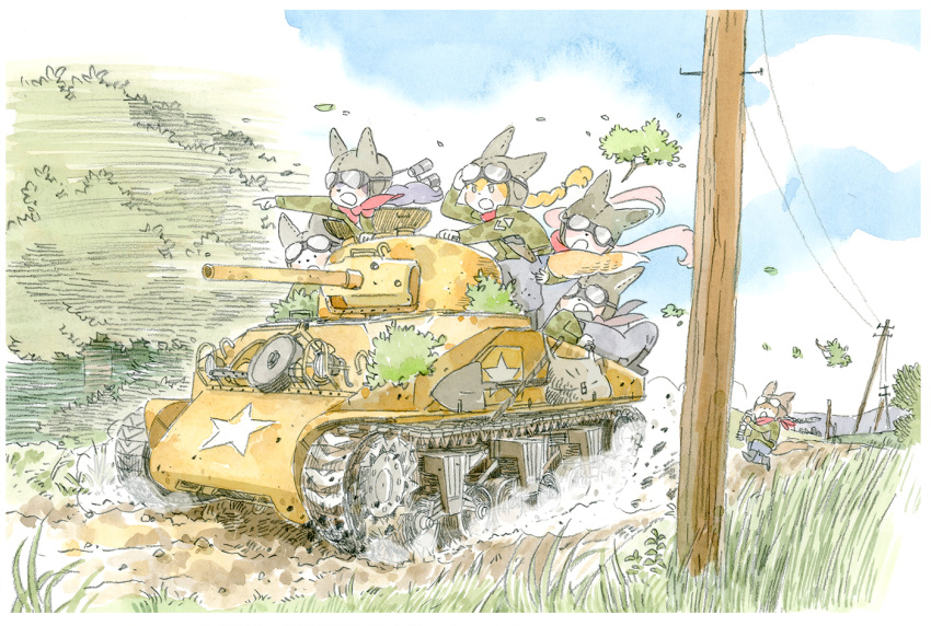 commentary_request furry grass ground_vehicle m4_sherman military military_vehicle motor_vehicle nyanta_(nyanta-nyankichi-2013) original shovel sky tank traditional_media tree