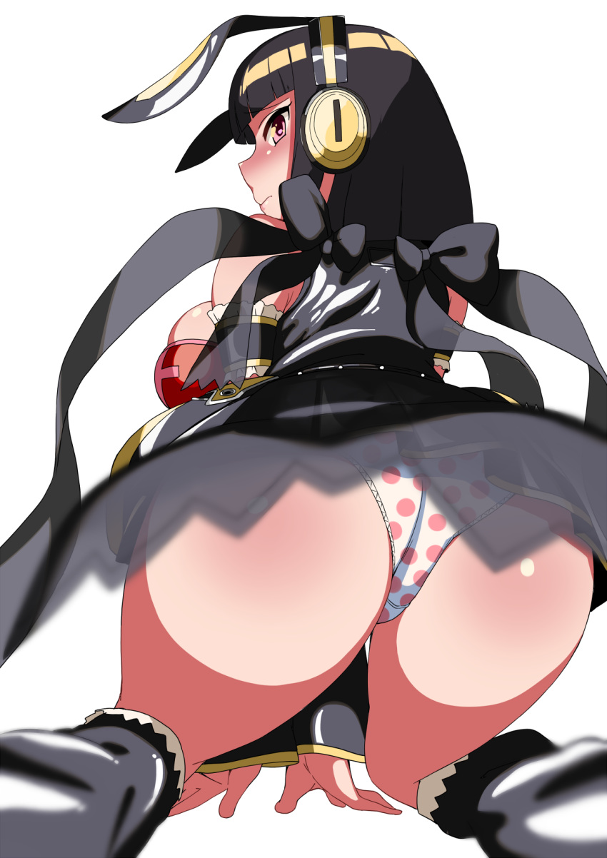 animal_ears ass bare_shoulders beatmania beatmania_iidx black_hair blurry breasts bunny_ears depth_of_field highres hinazuki_ririna komusou_(jinrikisha) large_breasts long_hair looking_at_viewer looking_back panties pink_eyes polka_dot simple_background skirt solo thighs underwear white_background white_panties