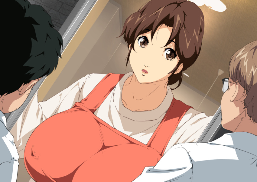 1girl black_hair breasts brown_eyes brown_hair door dutch_angle erect_nipples erect_nipples_under_clothes glasses hair_bun highres hikaru_no_go huge_breasts indoors looking_at_viewer matching_hair/eyes milf parted_lips saya_products shindou_mitsuko short_hair solo_focus standing upper_body