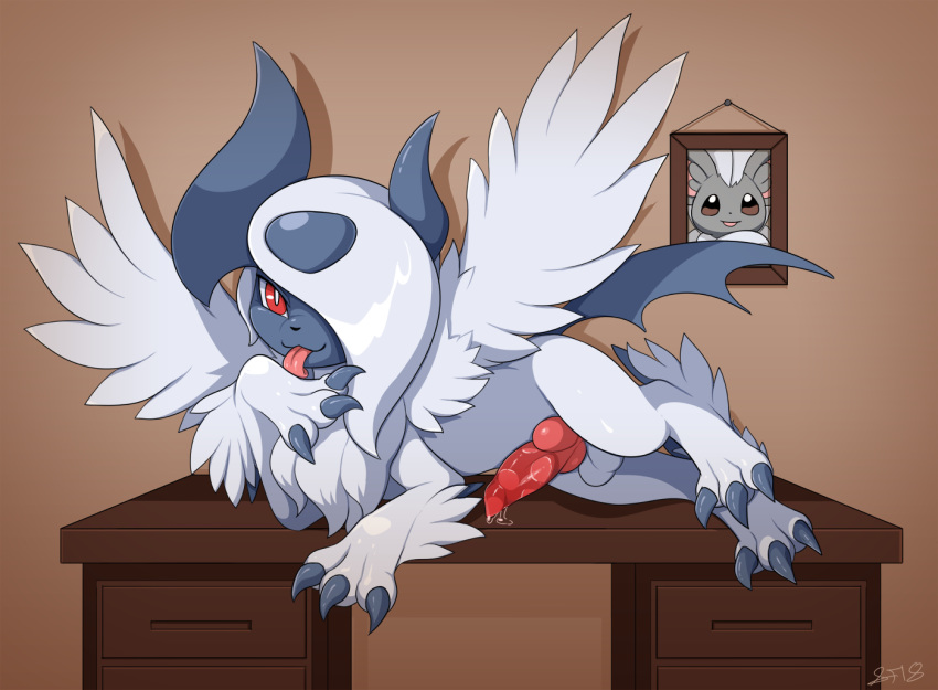 2018 3_toes animal_genitalia animal_penis balls black_nose canine_penis cinccino claws desk feet feral foot_fetish foot_lick fur horn inside knot licking licking_hand lying male mega_absol mega_evolution nintendo on_desk one_eye_covered penis photo picture_frame pok&eacute;mon pok&eacute;mon_(species) red_eyes signature slimefur small_nose solo toe_claws toes tongue tongue_out video_games white_fur wings