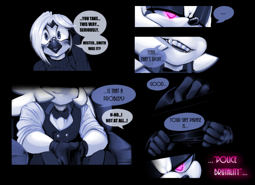 avian balck_gloves bird clothing comic duo english_text female gloves grin hedgehog leather_belt male mammal necktie pink_eyes pink_text rubber sadism smile sonic_(series) submissive_female text xx_g.u.n_xx