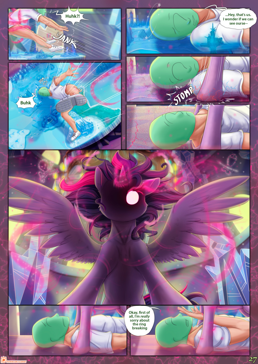 2018 absurd_res alcor90 anon clothing comic convenient_censorship dialogue duo english_text equine feathered_wings feathers feral footwear friendship_is_magic hair hi_res hooves horn human imminent_rape lying male mammal my_little_pony on_back shirt shoes spread_wings text twilight_sparkle_(mlp) winged_unicorn wings