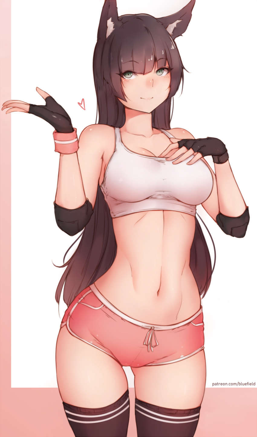 animal_ear_fluff animal_ears ass_visible_through_thighs bangs black_gloves black_hair black_legwear bluefield boyshorts breasts cleavage closed_eyes crop_top elbow_pads eyebrows_visible_through_hair fingerless_gloves gloves green_eyes hand_on_own_chest heart highres long_hair medium_breasts midriff navel original short_shorts shorts simple_background smile solo standing tank_top thighhighs