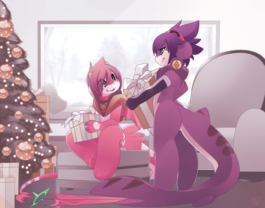 ambiguous_gender anthro armwear blue_eyes christmas christmas_present christmas_tree clothing collar dragon elbow_gloves fish gift gloves green_eyes hair holidays hood mako_(rudragon) marine open_mouth pink_hair purple_hair ru_(rudragon) rudragon shark smile tree wings