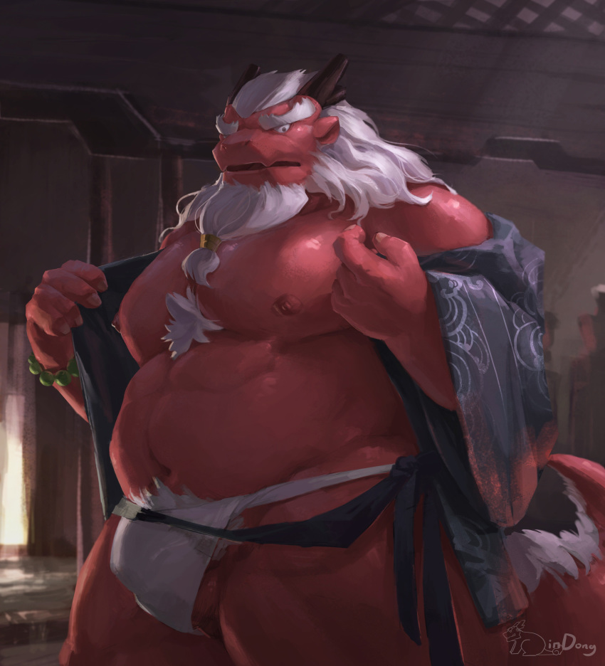 anthro balls barazoku beads beard body_hair braided_hair bulge chest_hair clothing dragon eastern_dragon facial_hair fundoshi hair horn japanese_clothing kemono lindong looking_at_viewer male mature_male moziqiao musclegut navel nipples old pecs red_body scalie solo underwear white_hair