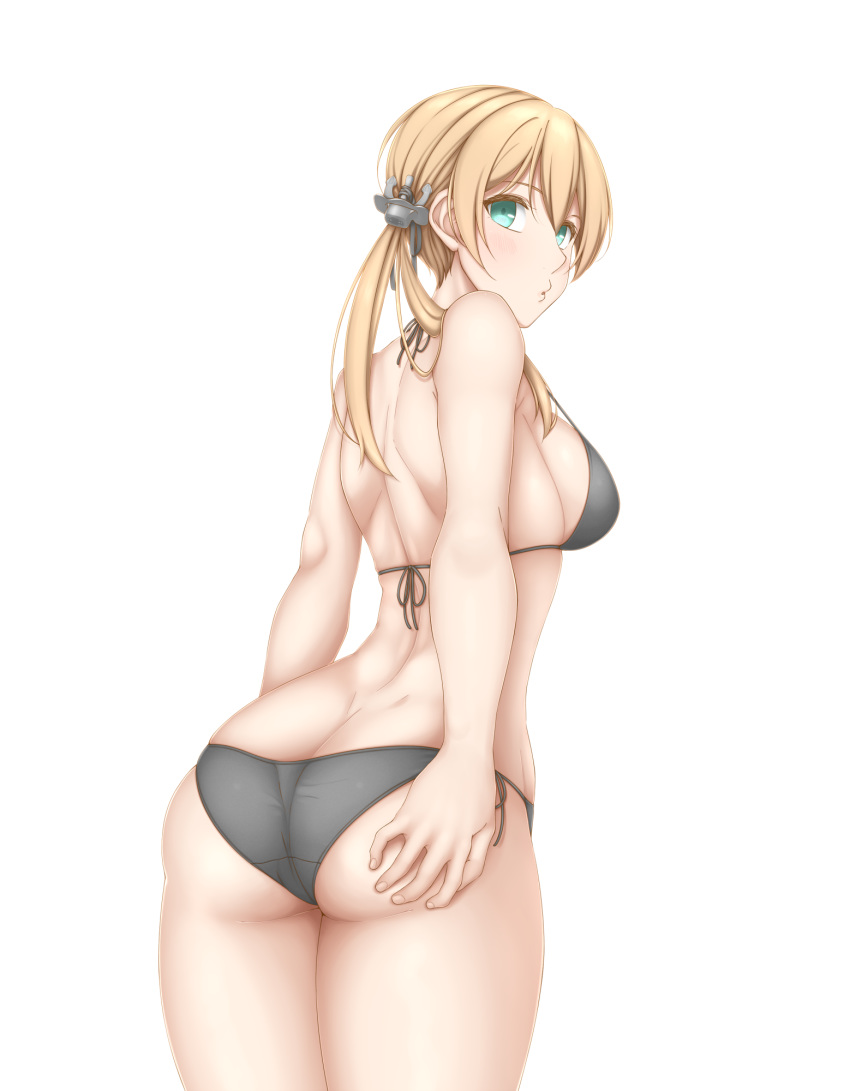 1girl anchor_hair_ornament aqua_eyes ass bangs bare_arms bare_back bare_shoulders bikini black_bikini black_ribbon blonde_hair breasts butt_crack commentary_request cowboy_shot dimples_of_venus from_behind hair_ornament hand_on_own_ass highres kantai_collection kyounami leaning_forward long_hair looking_at_viewer looking_back low_twintails medium_breasts parted_lips pouty_lips prinz_eugen_(kantai_collection) ribbon shoulder_blades side-tie_bikini sideboob simple_background solo strap_gap swimsuit twintails white_background
