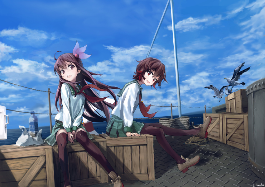 absurdres bird box brown_eyes brown_hair chamu_(chammkue) cloud crescent crescent_moon_pin day gradient_hair green_skirt hair_ornament highres kantai_collection kisaragi_(kantai_collection) loafers long_hair multicolored_hair multiple_girls mutsuki_(kantai_collection) neckerchief ocean on_box outdoors pantyhose pleated_skirt red_eyes red_hair school_uniform seagull serafuku shoes shore short_hair sitting sitting_on_box skirt sky thighhighs zettai_ryouiki