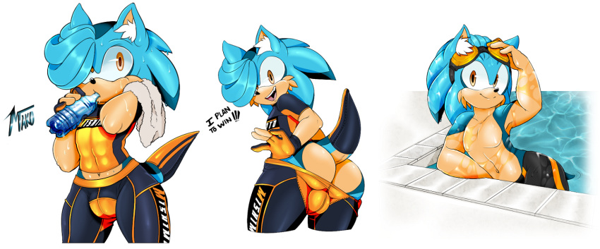 cheekfluff clothing ear_tuft fingerless_gloves gloves hedgehog mako male mammal solo sonic_(series) spandex swimmer swimsuit thick_butt thick_thighs tight_clothing tuft wet xx_g.u.n_xx yellow_eyes