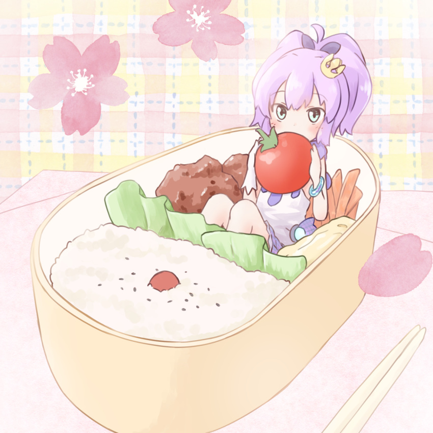 azur_lane bangle bangs black_ribbon blue_eyes blue_skirt blush bracelet camisole cherry_tomato chopsticks commentary_request covered_mouth crown eyebrows_visible_through_hair flower food gloves hair_between_eyes hair_ribbon high_ponytail highres holding holding_food in_container in_food javelin_(azur_lane) jewelry mini_crown minigirl obentou petals pink_flower plaid plaid_background plaid_skirt pleated_skirt ponytail purple_hair ribbon rice sidelocks single_glove sitting skirt solo uruc white_camisole white_gloves