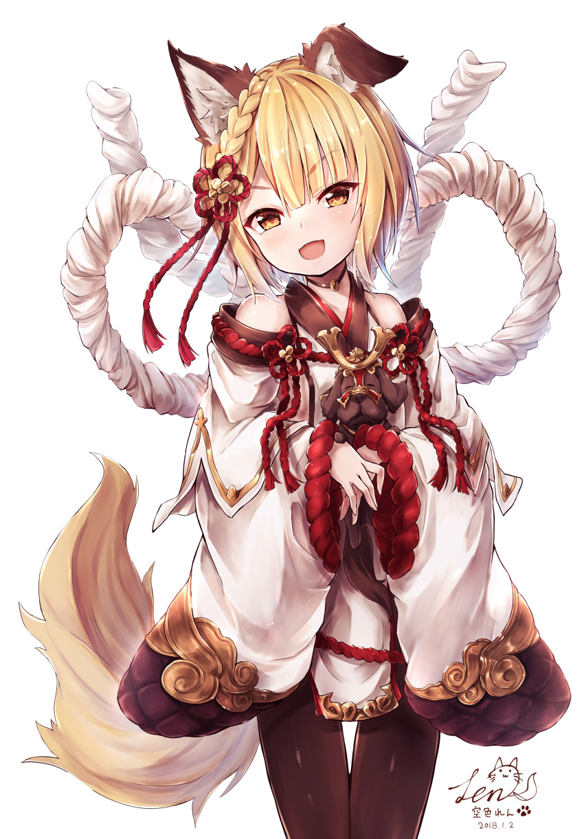 :d absurdres animal animal_ears artist_name bangs black_legwear blonde_hair braid choker cowboy_shot dated dog dog_ears dog_tail eyebrows_visible_through_hair garjana granblue_fantasy hair_ornament highres holding holding_animal japanese_clothes long_sleeves looking_at_viewer open_mouth pantyhose rope shimenawa short_hair signature simple_background smile solo sorairo_len standing tail vajra_(granblue_fantasy) white_background wide_sleeves yellow_eyes