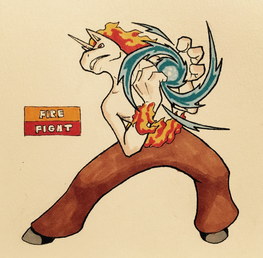 2016 3_fingers ambiguous_gender angry anthro anthrofied athletic aura_sphere biped black_hooves brown_clothing brown_topwear clenched_teeth clothed clothing energy_ball english_text equine fak&eacute;mon fighting_stance fire firefightdex flaming_hair front_view frown full-length_portrait hair hatching_(technique) hooves horn humanoid_hands looking_up mammal marker_(artwork) mfanjul mixed_media nintendo nude pants pen_(artwork) pok&eacute;mon pok&eacute;mon_(species) pok&eacute;morph portrait rapidash red_eyes shadow simple_background solo spread_legs spreading standing teeth text toony topless traditional_media_(artwork) unicorn video_games white_background white_body white_horn wide_stance