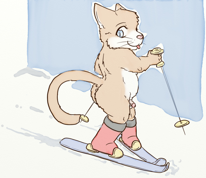 anthro balls belly butt cat digital_media_(artwork) feline fur holding_object lavilovi male mammal nude outside penis simple_background ski ski_pole skiing slightly_chubby smile snow solo thick_thighs tongue