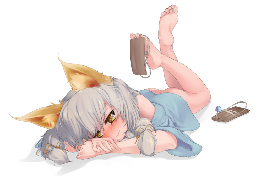 1girl animal_ear_fluff animal_ears ass bangs bare_shoulders barefoot blush bottomless eyebrows_visible_through_hair fang feet fox_ears fox_girl fox_tail full_body hair_between_eyes head_in_hand itsukarine japanese_clothes kimono legs_up long_hair looking_at_viewer lying no_panties original sandal_removed sandals shadow shoes shoes_removed silver_hair single_shoe slit_pupils smile soles solo tail toes twintails white_background yukata