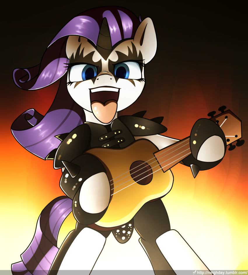 2017 blue_eyes clothed clothing corpse_paint costume equine eyelashes female feral friendship_is_magic guitar hair hi_res horn looking_at_viewer mammal musical_instrument my_little_pony neighday open_mouth purple_hair rarity_(mlp) solo teeth tongue tongue_out unicorn