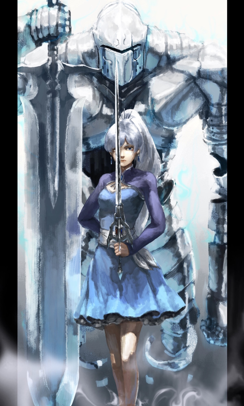 arm_behind_back blue_eyes closed_mouth commentary dress earrings expressionless golem highres holding holding_sword holding_weapon jewelry kaatoso left-handed legs_together lips long_hair long_sleeves looking_at_viewer myrtenaster ponytail rapier rwby scar scar_across_eye solo standing sword weapon weiss_schnee white_dress white_hair