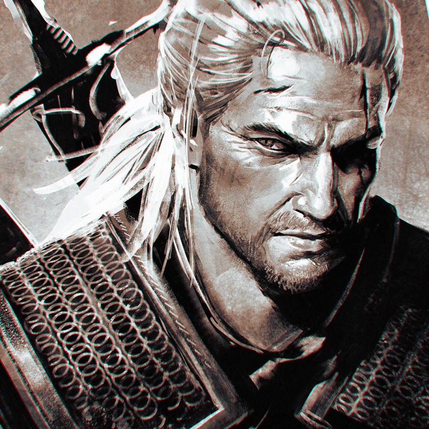 armor chainmail chromatic_aberration face facial_hair geralt_of_rivia ilya_kuvshinov male_focus monochrome ponytail scar sepia solo stubble sword the_witcher the_witcher_3 upper_body weapon