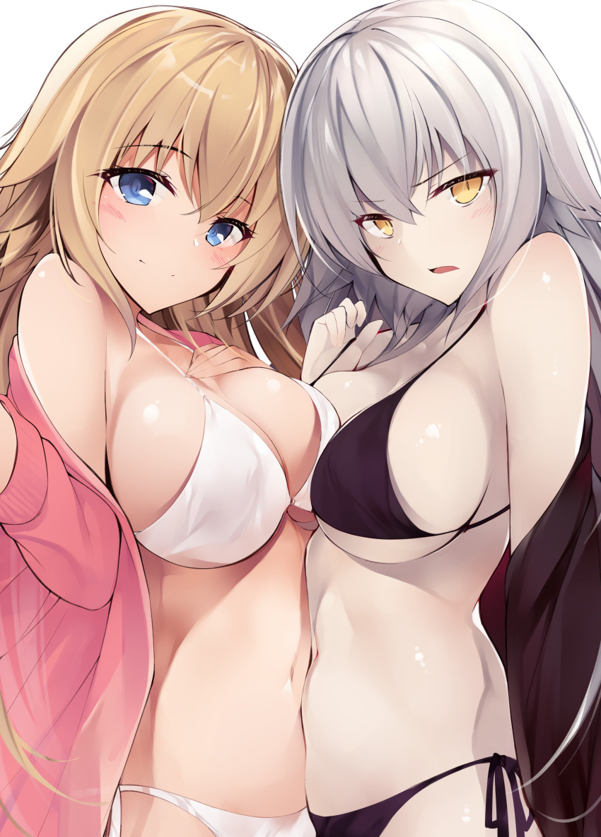 absurdres bare_shoulders bikini black_bikini black_jacket blonde_hair blue_eyes blush breast_press breasts cleavage commentary_request eyebrows_visible_through_hair fate/apocrypha fate/grand_order fate_(series) hair_between_eyes hand_on_own_chest highres jacket jacket_over_swimsuit jeanne_d'arc_(alter)_(fate) jeanne_d'arc_(fate) jeanne_d'arc_(fate)_(all) large_breasts long_hair multiple_girls navel netarou off_shoulder open_clothes open_jacket pale_skin parted_lips pink_jacket side-tie_bikini silver_hair simple_background smile strap_pull swimsuit symmetrical_docking white_background white_bikini yellow_eyes