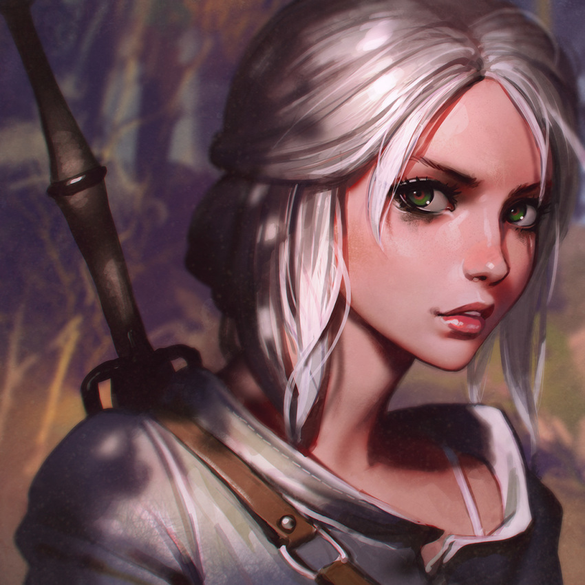 ciri close-up face green_eyes half_updo ilya_kuvshinov lips looking_at_viewer parted_lips scar short_hair silver_hair smile solo sword the_witcher the_witcher_3 upper_body weapon