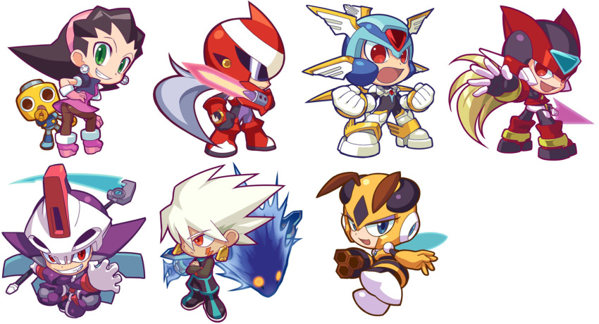 5boys android antennae armor beam_saber bent_over blonde_hair blue_eyes blues_exe chibi commentary_request copy_x crossed_arms earrings energy_sword eyeshadow facial_mark gloves green_eyes grin hair_ornament hairband helmet honey_woman jewelry kin_niku kobun laplace_(ryuusei_no_rockman) long_hair looking_back makeup multiple_boys multiple_girls netnavi omega_(rockman) open_mouth orange_eyes outstretched_arm pantyhose pink_gloves pink_hairband prometheus red_eyes rockman rockman_(classic) rockman_dash rockman_exe rockman_zero rockman_zero_3 rockman_zx ryuusei_no_rockman simple_background smile solo_(ryuusei_no_rockman) spiked_hair sword tron_bonne weapon white_background white_gloves white_hair wings