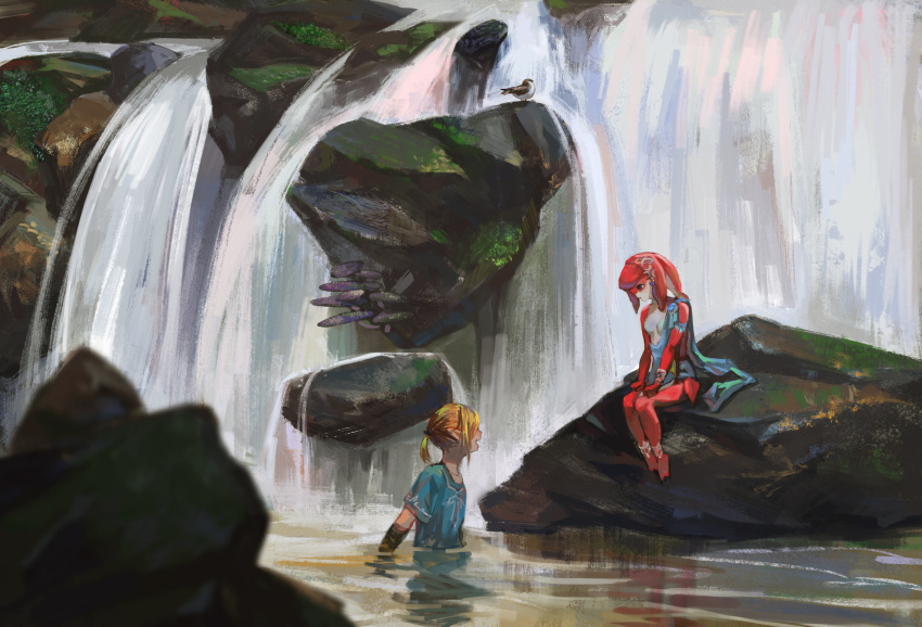 1girl absurdres barefoot bird blonde_hair commentary_request highres jun_(5455454541) link mipha mushroom nature partially_submerged pointy_ears ponytail rock sash scenery short_ponytail sitting smile the_legend_of_zelda the_legend_of_zelda:_breath_of_the_wild water waterfall wet wet_clothes wet_hair zora