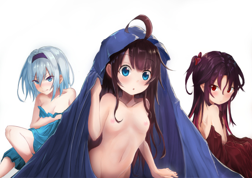 blue_eyes blue_hair blush breasts brown_hair cleavage hinatsuru_ai long_hair navel nipples nude purple_hair red_eyes ryuuou_no_oshigoto! short_hair sora_ginko tagme_(artist) yashajin_ai