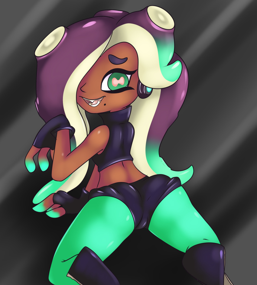 2017 beauty_mark cephalopod clothed clothing dark_skin female fingerless_gloves gloves happy headphones hi_res humanoid looking_at_viewer looking_back mammal marina_(splatoon) marine neronova nintendo octoling octopus open_mouth pose shiny_skin shorts simple_background skimpy solo splatoon splatoon_2 teeth video_games