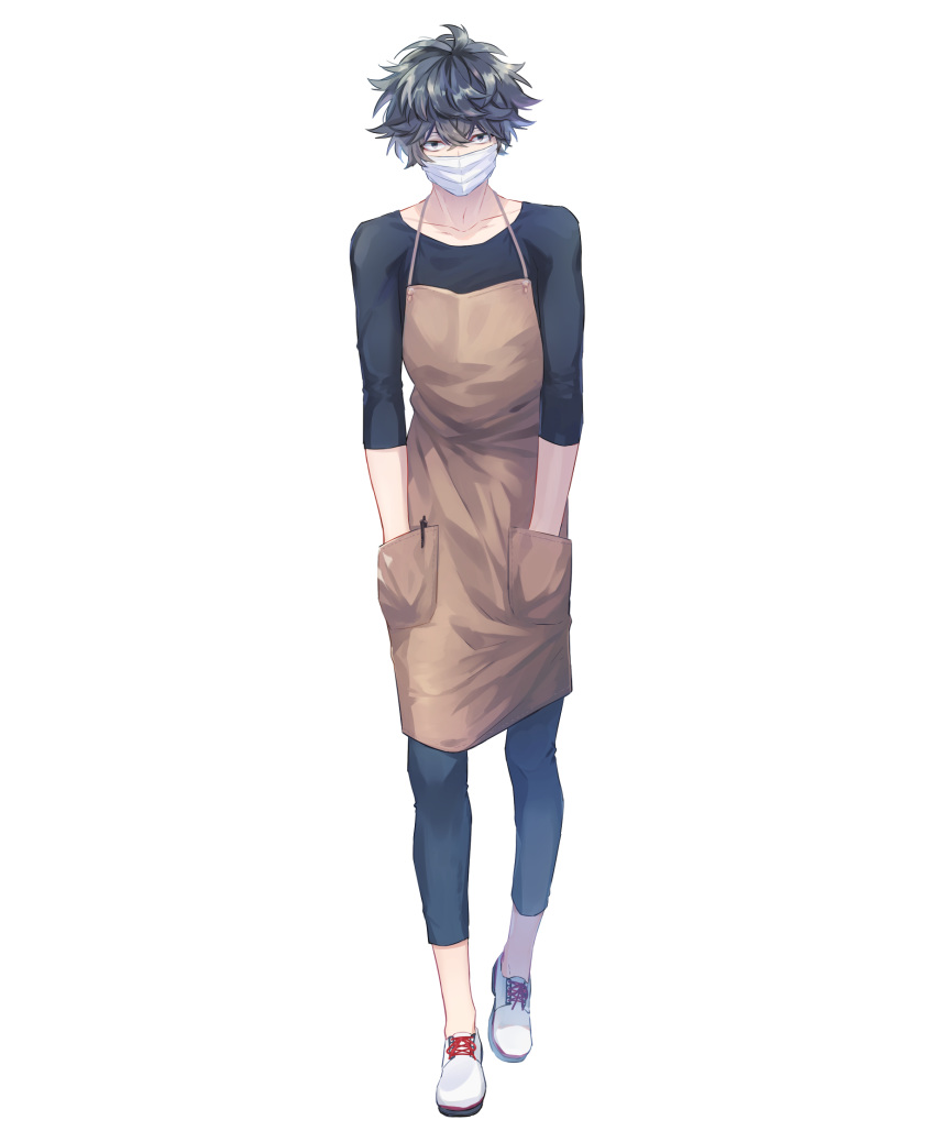 apron black_hair full_body hands_in_pockets highres kota_uro looking_at_viewer male_focus mask original standing transparent_background white_footwear