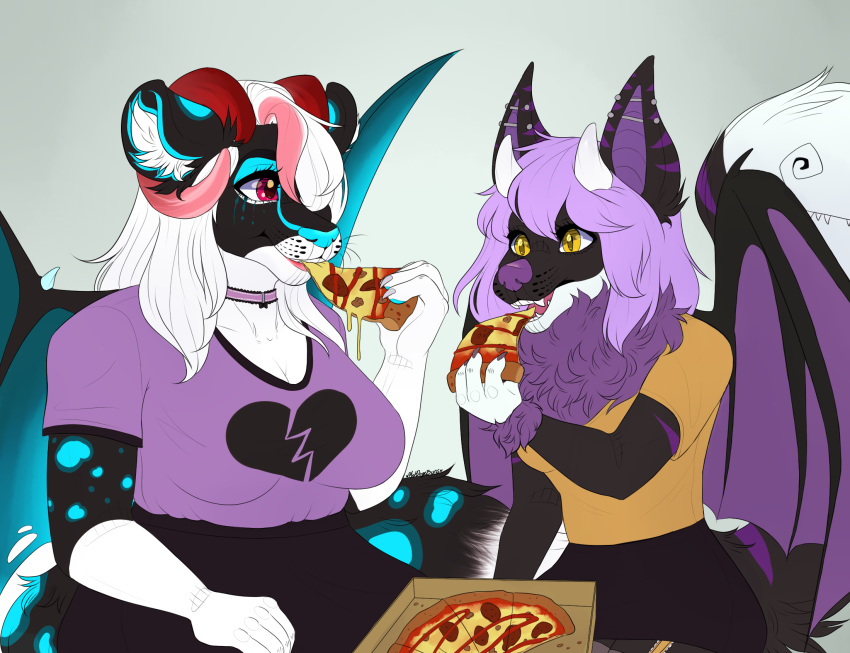 2018 blvejay choker cute eating female food friends horn hybrid mammal pastel_goth pizza slightly_chubby