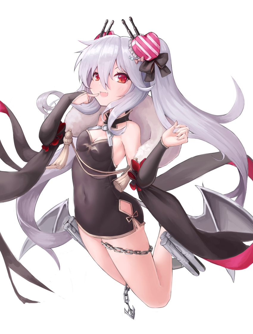 :d absurdres azur_lane bare_shoulders black_bow black_dress blue_bow blush bow breasts bridal_gauntlets chain cleavage commentary_request dress fang finger_to_mouth fingernails full_body grey_wings hair_bow hair_ornament heart heart_hair_ornament highres long_hair low_wings mechanical_wings medium_breasts open_mouth pink_bow red_eyes shinori_(efvbji6264) silver_hair simple_background slit_pupils smile solo strapless strapless_dress twintails vampire_(azur_lane) very_long_hair white_background wings