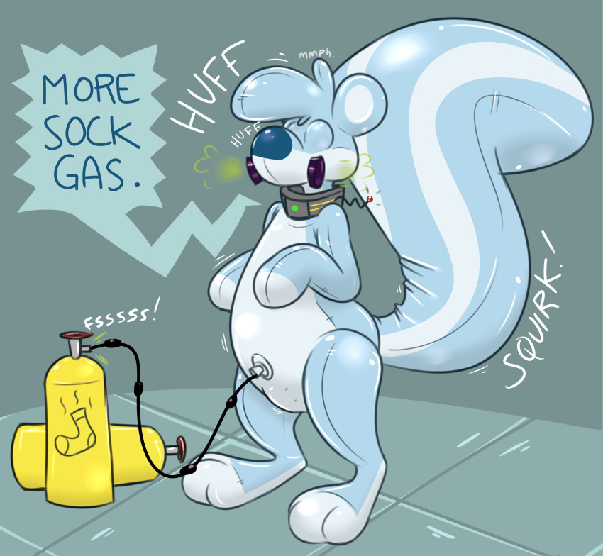 2017 3_toes absurd_res animate_inanimate anthro blue_nose bulge collar digital_drawing_(artwork) digital_media_(artwork) drone english_text gas_mask gas_tank hi_res inflatable inflation living_inflatable male mammal mana_(character) manaozyfolf markings mask multicolored_tail nozzle rubber shiny simple_background skunk solo sound_effects standing stripes tank technology text toes vehicle what