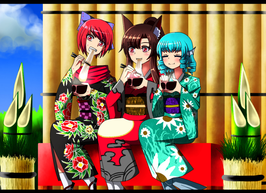 3girls alternate_costume animal_ear_fluff animal_ears arms_up bangs bench blue_sky blush bowl checkered_obi chopsticks cloud cloud_print commentary_request disembodied_head drill_hair eating eyes_closed feet_out_of_frame fingernails floral_print food_in_mouth grass_root_youkai_network head_fins holding holding_bowl holding_chopsticks imaizumi_kagerou japanese_clothes kadomatsu kimono light_blue_hair long_fingernails long_hair looking_at_viewer looking_to_the_side luna_(luna3962) mermaid mochi monster_girl multiple_girls nail_polish print_kimono red_eyes red_footwear red_hair red_nails red_scarf sandals scarf sekibanki sharp_fingernails sitting sky smile steam sweatdrop swept_bangs tabi touhou wakasagihime white_legwear wolf_ears zouni_soup