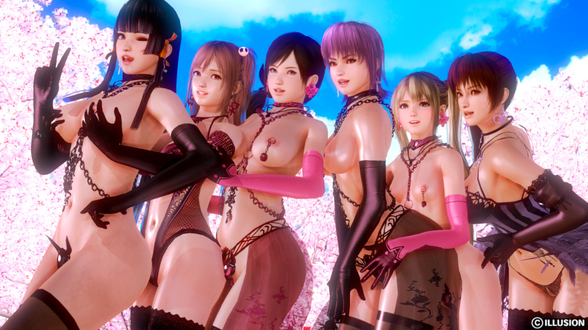 3d 6+girls 6girls areolae ayane_(doa) black_hair blonde_hair breast_grab breasts brown_eyes brown_hair collar dead_or_alive earrings elbow_gloves female gloves groping hair_ornament honey_select honoka_(doa) jewelry kasumi_(doa) kokoro_(doa) light-skinned_female long_hair marie_rose metagraphy multiple_girls navel nipple_piercings nipples nyotengu one_eye_closed outdoors peace_symbol piercing pink_hair purple_hair red_eyes short_hair source_filmmaker thighhighs thong tied_hair tongue tongue_out topless twintails very_long_hair wink