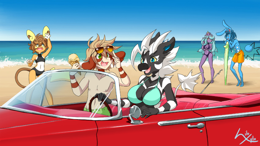 anthro azumarill beach big_breasts breasts car clothed clothing dessert female food group hamsteroftime ice_cream leo_(velociripper) male mareanie nintendo pok&eacute;mon pok&eacute;mon_(species) raichu seaside smeargle surfboard vehicle video_games zebstrika zee_(velociripper)