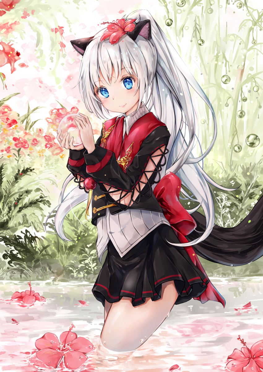1girl absurdres animal_ears bangs black_skirt blade_&amp;_soul blue_eyes blush bush closed_mouth collared_shirt day dress_shirt eyebrows_visible_through_hair flower hair_flower hair_ornament hands_up hibiscus highres hmw_(pixiv7054584) holding long_hair long_sleeves lyn_(blade_&amp;_soul) miniskirt nature outdoors plant ponytail puffy_sleeves red_flower red_ribbon ribbed_shirt ribbon shirt sidelocks skirt smile solo standing tail wading water wet white_hair white_shirt