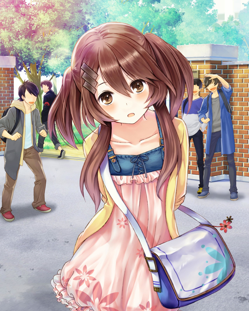 4boys absurdres arms_behind_back bag blush brown_eyes brown_hair collarbone day dress floral_print hair_between_eyes hair_ornament head_tilt highres jacket kishida_mel leaning_forward long_hair multiple_boys open_clothes open_jacket outdoors pink_dress school_fanfare solo_focus tree twintails yellow_jacket