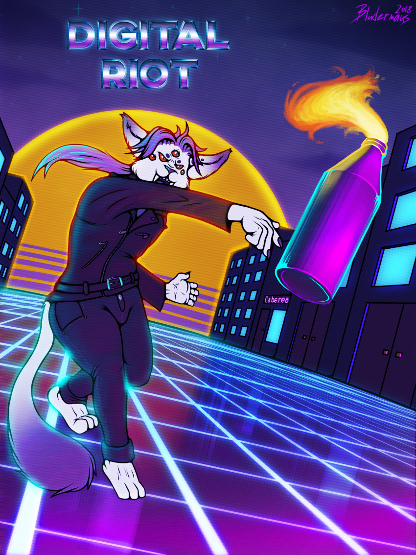 1980s 2018 anthro bludermaus clothed clothing digital_drawing_(artwork) digital_media_(artwork) english_text feline fire fur hair hi_res jacket leather leather_jacket long_hair male mammal molotov_cocktail multi_eye ponytail red_eyes retro solo standing synthwave teeth text throwing white_fur