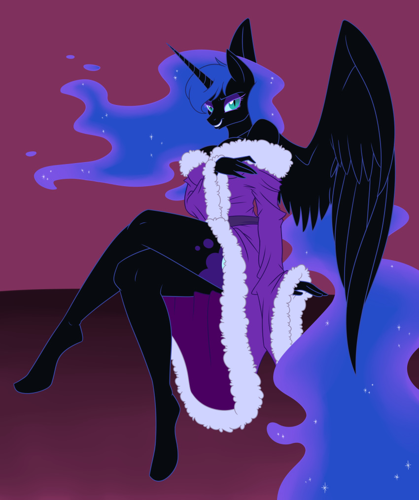 2015 anthro anthrofied bedroom_eyes black_feathers blue_eyes blue_hair breasts cleavage clothed clothing crossed_legs equine eyeshadow feathered_wings feathers female friendship_is_magic hair half-closed_eyes hi_res hooves horn looking_at_viewer makeup mammal my_little_pony nightmare_moon_(mlp) robe seductive sitting slit_pupils solo sparkles spiderweber winged_unicorn wings